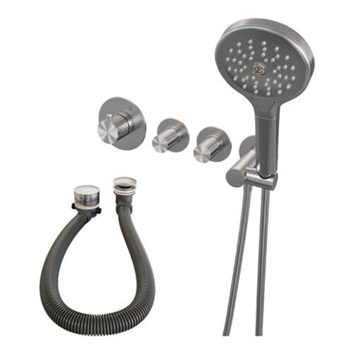 Brauer Brauer Stripe thermostatische inbouw badkraan SET 02 met badvulcombinatie en 3-standen handdouche en doucheslang en wandaansluitbocht RVS-kleurig geborsteld PVD | Geborsteld RVS PVD | 3-standen handdouche