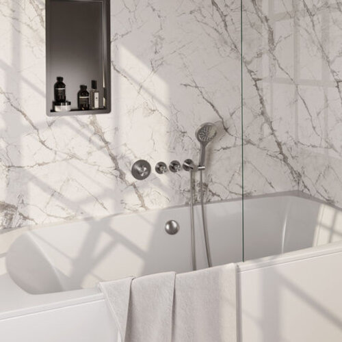 Brauer Brauer Stripe thermostatische inbouw badkraan SET 02 met badvulcombinatie en 3-standen handdouche en doucheslang en wandaansluitbocht RVS-kleurig geborsteld PVD | Geborsteld RVS PVD | 3-standen handdouche