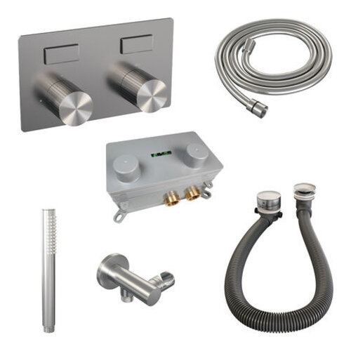 Brauer Brauer Stripe thermostatische inbouw badkraan met drukknoppen SET 03 met badvulcombinatie en staaf handdouche en doucheslang en wandaansluitbocht RVS-kleurig geborsteld PVD | Geborsteld RVS PVD | Staafmodel