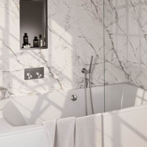 Brauer Brauer Stripe thermostatische inbouw badkraan met drukknoppen SET 03 met badvulcombinatie en staaf handdouche en doucheslang en wandaansluitbocht RVS-kleurig geborsteld PVD | Geborsteld RVS PVD | Staafmodel