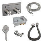 Brauer Brauer Stripe thermostatische inbouw badkraan met drukknoppen SET 04 met badvulcombinatie en 3-standen handdouche en doucheslang en wandaansluitbocht RVS-kleurig geborsteld PVD | Geborsteld RVS PVD | 3-standen handdouche