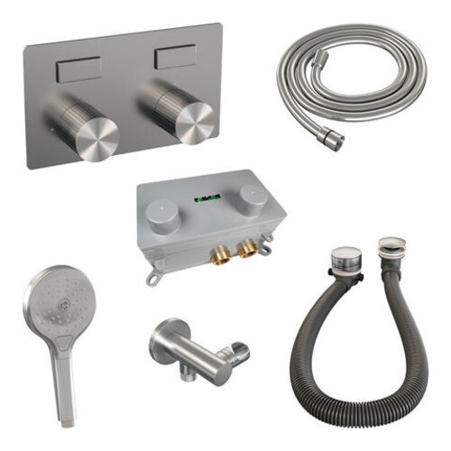 Brauer Brauer Stripe thermostatische inbouw badkraan met drukknoppen SET 04 met badvulcombinatie en 3-standen handdouche en doucheslang en wandaansluitbocht RVS-kleurig geborsteld PVD | Geborsteld RVS PVD | 3-standen handdouche