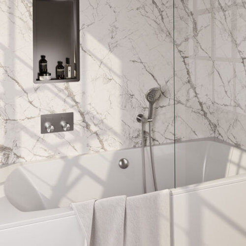 Brauer Brauer Stripe thermostatische inbouw badkraan met drukknoppen SET 04 met badvulcombinatie en 3-standen handdouche en doucheslang en wandaansluitbocht RVS-kleurig geborsteld PVD | Geborsteld RVS PVD | 3-standen handdouche