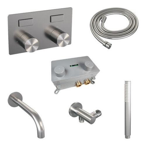 Brauer Brauer Stripe thermostatische inbouw badkraan met drukknoppen SET 03 met uitloop en staaf handdouche en doucheslang en wandaansluitbocht RVS-kleurig geborsteld PVD | Geborsteld RVS PVD | Staafmodel