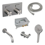 Brauer Brauer Stripe thermostatische inbouw badkraan met drukknoppen SET 04 met uitloop en 3-standen handdouche en doucheslang en wandaansluitbocht RVS-kleurig geborsteld PVD | Geborsteld RVS PVD | 3-standen handdouche