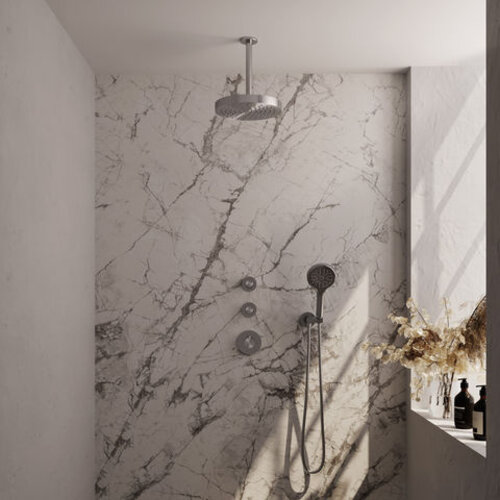 Brauer Stripe thermostatische inbouw regendouche SET 06 met 25 cm douchekop en plafondarm en 3-standen handdouche en doucheslang en wandaansluitbocht RVS-kleurig geborsteld PVD | Geborsteld RVS | Nee | Plafondbuis | 3-standen handdouche Brauer Brauer Stripe thermostatische inbouw regendouche SET 06 met 25 cm douchekop en plafondarm en 3-standen handdouche en doucheslang en wandaansluitbocht RVS-kleurig geborsteld PVD | Geborsteld RVS | Nee | Plafondbuis | 3-standen handdouche