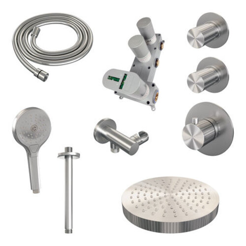 Brauer Stripe thermostatische inbouw regendouche SET 06 met 25 cm douchekop en plafondarm en 3-standen handdouche en doucheslang en wandaansluitbocht RVS-kleurig geborsteld PVD | Geborsteld RVS | Nee | Plafondbuis | 3-standen handdouche Brauer Brauer Stripe thermostatische inbouw regendouche SET 06 met 25 cm douchekop en plafondarm en 3-standen handdouche en doucheslang en wandaansluitbocht RVS-kleurig geborsteld PVD | Geborsteld RVS | Nee | Plafondbuis | 3-standen handdouche