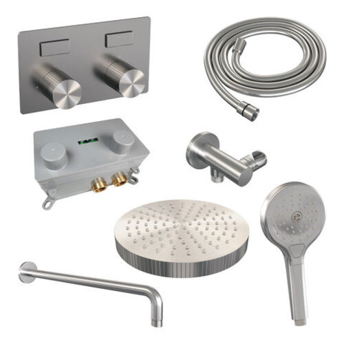 Brauer Stripe thermostatische inbouw regendouche met drukknoppen SET 29 met 25 cm douchekop en gebogen muurarm en 3-standen handdouche en doucheslang en wandaansluitbocht RVS-kleurig geborsteld PVD | Geborsteld RVS | Nee | Gebogen wandarm | 3-standen hand Brauer Brauer Stripe thermostatische inbouw regendouche met drukknoppen SET 29 met 25 cm douchekop en gebogen muurarm en 3-standen handdouche en doucheslang en wandaansluitbocht RVS-kleurig geborsteld PVD | Geborsteld RVS | Nee | Gebogen wandarm | 3-standen hand