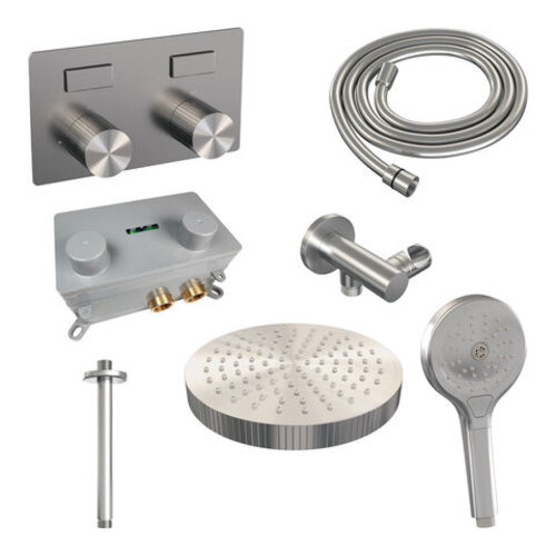 Brauer Stripe thermostatische inbouw regendouche met drukknoppen SET 30 met 25 cm douchekop en plafondarm en 3-standen handdouche en doucheslang en wandaansluitbocht RVS-kleurig geborsteld PVD | Geborsteld RVS | Nee | Plafondbuis | 3-standen handdouche Brauer Brauer Stripe thermostatische inbouw regendouche met drukknoppen SET 30 met 25 cm douchekop en plafondarm en 3-standen handdouche en doucheslang en wandaansluitbocht RVS-kleurig geborsteld PVD | Geborsteld RVS | Nee | Plafondbuis | 3-standen handdouche