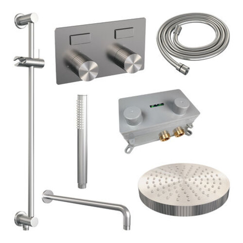 Brauer Brauer Stripe thermostatische inbouw regendouche met drukknoppen SET 32 met 25 cm douchekop en gebogen muurarm en staaf handdouche en doucheslang en geïntegreerde glijstang RVS-kleurig geborsteld PVD | Geborsteld RVS PVD | Ja | Gebogen wandarm | Staafmode