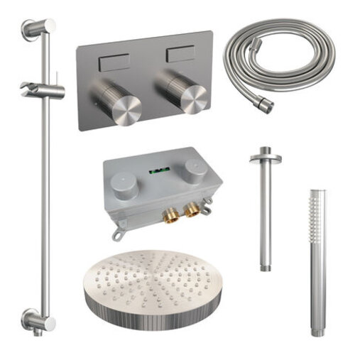 Brauer Stripe thermostatische inbouw regendouche met drukknoppen SET 33 met 25 cm douchekop en plafondarm en staaf handdouche en doucheslang en geïntegreerde glijstang RVS-kleurig geborsteld PVD | Geborsteld RVS | Ja | Plafondbuis | Staafhanddouche Brauer Brauer Stripe thermostatische inbouw regendouche met drukknoppen SET 33 met 25 cm douchekop en plafondarm en staaf handdouche en doucheslang en geïntegreerde glijstang RVS-kleurig geborsteld PVD | Geborsteld RVS | Ja | Plafondbuis | Staafhanddouche
