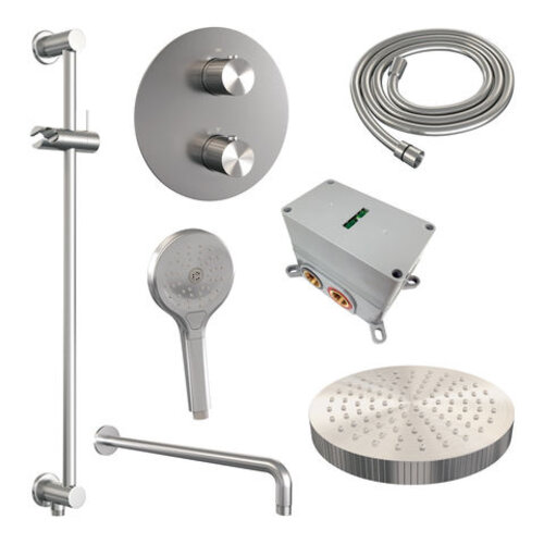 Brauer Stripe thermostatische inbouw regendouche 3-weg rond SET 47 met 25 cm douchekop en gebogen muurarm en 3-standen handdouche en doucheslang en geïntegreerde glijstang RVS-kleurig geborsteld PVD | Geborsteld RVS | Ja | Gebogen wandarm | 3-standen hand Brauer Brauer Stripe thermostatische inbouw regendouche 3-weg rond SET 47 met 25 cm douchekop en gebogen muurarm en 3-standen handdouche en doucheslang en geïntegreerde glijstang RVS-kleurig geborsteld PVD | Geborsteld RVS | Ja | Gebogen wandarm | 3-standen hand