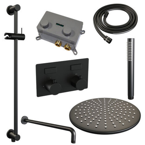 Brauer Brauer Black Carving thermostatische inbouw regendouche met drukknoppen SET 64 met 30 cm douchekop en gebogen muurarm en staaf handdouche en doucheslang en geïntegreerde glijstang mat zwart | Mat zwart | 30cm | Ja | Gebogen wandarm | Staafmodel