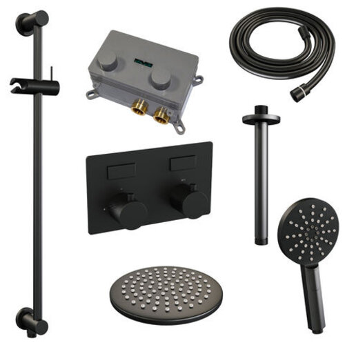 Brauer Brauer Black Carving thermostatische inbouw regendouche met drukknoppen SET 71 met 20 cm douchekop en plafondarm en 3-standen handdouche en doucheslang en geïntegreerde glijstang mat zwart | Mat zwart | 20cm | Ja | Plafondbuis | Rond model