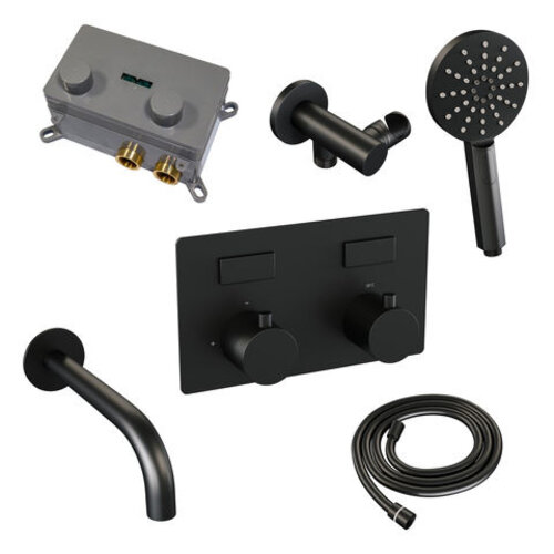 Brauer Black Edition thermostatische inbouw badkraan met drukknoppen SET 04 met uitloop en 3-standen handdouche en doucheslang en wandaansluitbocht mat zwart | Mat zwart | Ronde Handdouche Brauer Brauer Black Edition thermostatische inbouw badkraan met drukknoppen SET 04 met uitloop en 3-standen handdouche en doucheslang en wandaansluitbocht mat zwart | Mat zwart | Ronde Handdouche