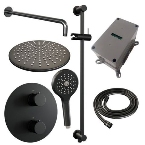 Brauer Brauer Black Edition thermostatische inbouw regendouche 3-weg rond SET 94 met 30 cm douchekop en gebogen muurarm en 3-standen handdouche en doucheslang en geïntegreerde glijstang mat zwart | Mat zwart | 30cm | Ja | Gebogen wandarm | 3-standen handdouche