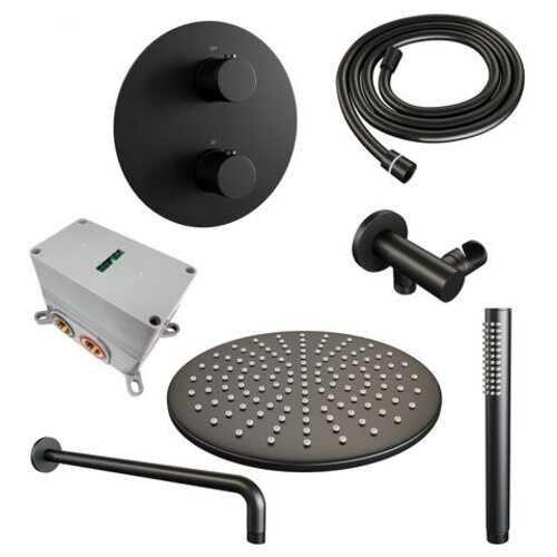 Brauer Brauer Black Carving thermostatische inbouw regendouche 3-weg rond SET 76 met 30 cm douchekop en gebogen muurarm en staaf handdouche en doucheslang en wandaansluitbocht mat zwart | Mat zwart | 30cm | Nee | Gebogen wandarm | Staafmodel