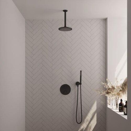 Brauer Brauer Black Carving thermostatische inbouw regendouche 3-weg rond SET 77 met 20 cm douchekop en plafondarm en staaf handdouche en doucheslang en wandaansluitbocht mat zwart | Mat zwart | 20cm | Nee | Plafondbuis | Staafmodel