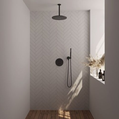 Brauer Brauer Black Carving thermostatische inbouw regendouche 3-weg rond SET 78 met 30 cm douchekop en plafondarm en staaf handdouche en doucheslang en wandaansluitbocht mat zwart | Mat zwart | 30cm | Nee | Plafondbuis | Staafmodel