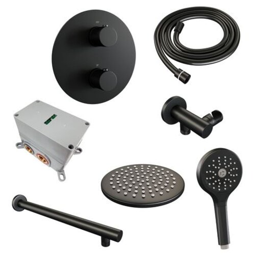 Brauer Brauer Black Carving thermostatische inbouw regendouche 3-weg rond SET 79 met 20 cm douchekop en rechte muurarm en 3-standen handdouche en doucheslang en wandaansluitbocht mat zwart | Mat zwart | 20cm | Nee | Rechte wandarm | 3-standen handdouche
