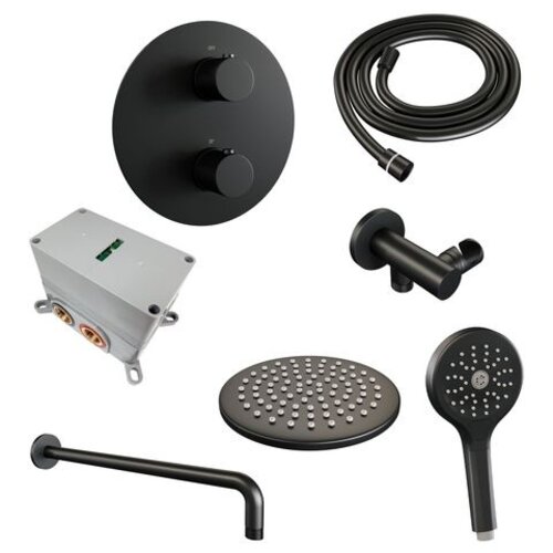 Brauer Brauer Black Carving thermostatische inbouw regendouche 3-weg rond SET 81 met 20 cm douchekop en gebogen muurarm en 3-standen handdouche en doucheslang en wandaansluitbocht mat zwart | Mat zwart | 20cm | Nee | Gebogen wandarm | 3-standen handdouche