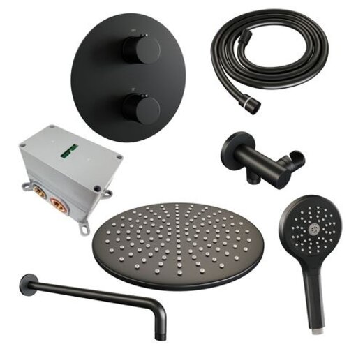 Brauer Brauer Black Carving thermostatische inbouw regendouche 3-weg rond SET 82 met 30 cm douchekop en gebogen muurarm en 3-standen handdouche en doucheslang en wandaansluitbocht mat zwart | Mat zwart | 30cm | Nee | Gebogen wandarm | 3-standen handdouche