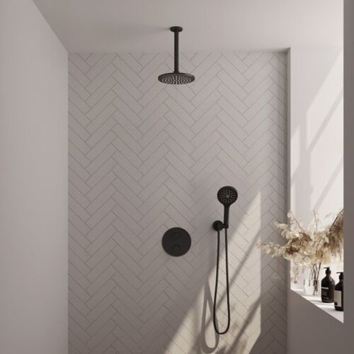 Brauer Brauer Black Carving thermostatische inbouw regendouche 3-weg rond SET 83 met 20 cm douchekop en plafondarm en 3-standen handdouche en doucheslang en wandaansluitbocht mat zwart | Mat zwart | 20cm | Nee | Plafondbuis | 3-standen handdouche