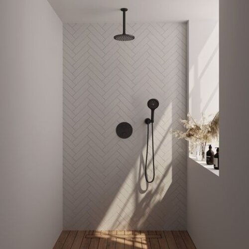 Brauer Brauer Black Carving thermostatische inbouw regendouche 3-weg rond SET 83 met 20 cm douchekop en plafondarm en 3-standen handdouche en doucheslang en wandaansluitbocht mat zwart | Mat zwart | 20cm | Nee | Plafondbuis | 3-standen handdouche