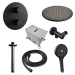 Brauer Brauer Black Carving thermostatische inbouw regendouche 3-weg rond SET 84 met 30 cm douchekop en plafondarm en 3-standen handdouche en doucheslang en wandaansluitbocht mat zwart | Mat zwart | 30cm | Nee | Plafondbuis | 3-standen handdouche