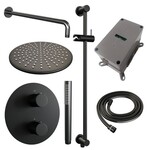 Brauer Brauer Black Carving thermostatische inbouw regendouche 3-weg rond SET 88 met 30 cm douchekop en gebogen muurarm en staaf handdouche en doucheslang en geïntegreerde glijstang mat zwart | Mat zwart | 30cm | Ja | Gebogen wandarm | Staafmodel