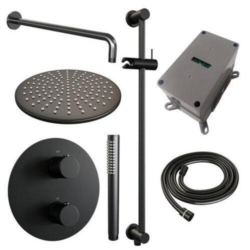 Brauer Brauer Black Carving thermostatische inbouw regendouche 3-weg rond SET 88 met 30 cm douchekop en gebogen muurarm en staaf handdouche en doucheslang en geïntegreerde glijstang mat zwart | Mat zwart | 30cm | Ja | Gebogen wandarm | Staafmodel