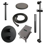 Brauer Brauer Black Carving thermostatische inbouw regendouche 3-weg rond SET 89 met 20 cm douchekop en plafondarm en staaf handdouche en doucheslang en geïntegreerde glijstang mat zwart | Mat zwart | 20cm | Ja | Plafondbuis | Staafmodel