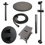 Brauer Brauer Black Carving thermostatische inbouw regendouche 3-weg rond SET 90 met 30 cm douchekop en plafondarm en staaf handdouche en doucheslang en geïntegreerde glijstang mat zwart | Mat zwart | 30cm | Ja | Plafondbuis | Staafmodel