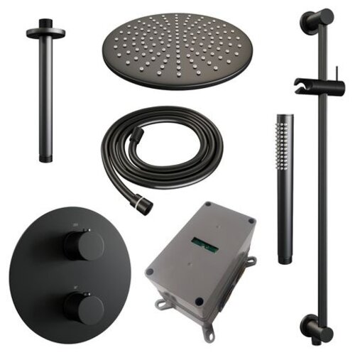 Brauer Brauer Black Carving thermostatische inbouw regendouche 3-weg rond SET 90 met 30 cm douchekop en plafondarm en staaf handdouche en doucheslang en geïntegreerde glijstang mat zwart | Mat zwart | 30cm | Ja | Plafondbuis | Staafmodel