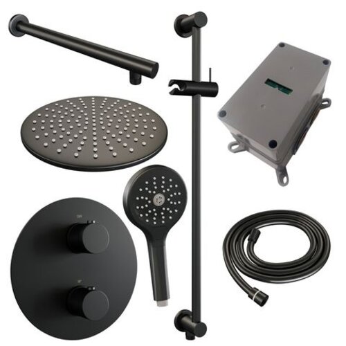 Brauer Brauer Black Carving thermostatische inbouw regendouche 3-weg rond SET 92 met 30 cm douchekop en rechte muurarm en 3-standen handdouche en doucheslang en geïntegreerde glijstang mat zwart | Mat zwart | 30cm | Ja | Rechte wandarm | 3-standen handdouche