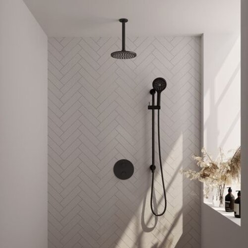 Brauer Brauer Black Carving thermostatische inbouw regendouche 3-weg rond SET 95 met 20 cm douchekop en plafondarm en 3-standen handdouche en doucheslang en geïntegreerde glijstang mat zwart | Mat zwart | 20cm | Ja | Plafondbuis | 3-standen handdouche