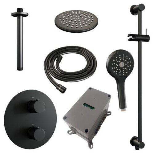 Brauer Brauer Black Carving thermostatische inbouw regendouche 3-weg rond SET 95 met 20 cm douchekop en plafondarm en 3-standen handdouche en doucheslang en geïntegreerde glijstang mat zwart | Mat zwart | 20cm | Ja | Plafondbuis | 3-standen handdouche