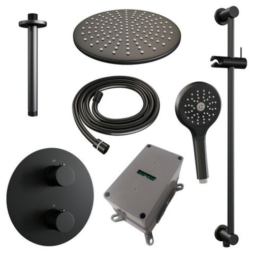 Brauer Brauer Black Carving thermostatische inbouw regendouche 3-weg rond SET 96 met 30 cm douchekop en plafondarm en 3-standen handdouche en doucheslang en geïntegreerde glijstang mat zwart | Mat zwart | 30cm | Ja | Plafondbuis | 3-standen handdouche