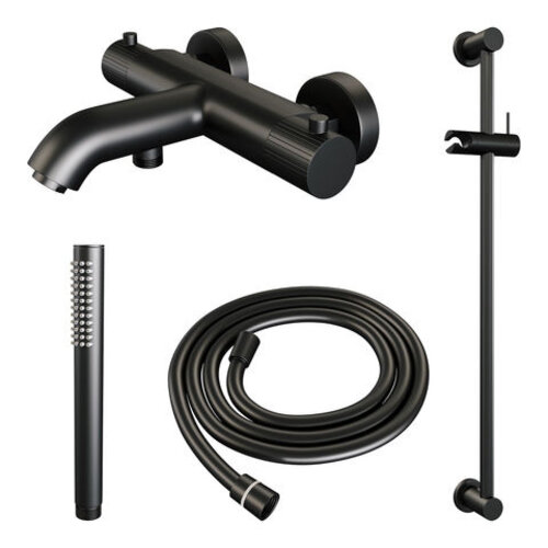 Brauer Stripe opbouw baddouche thermostaatkraan SET 01 met glijstang en staaf handdouche en doucheslang mat zwart | Mat zwart | Staafmodel Brauer Brauer Stripe opbouw baddouche thermostaatkraan SET 01 met glijstang en staaf handdouche en doucheslang mat zwart | Mat zwart | Staafmodel