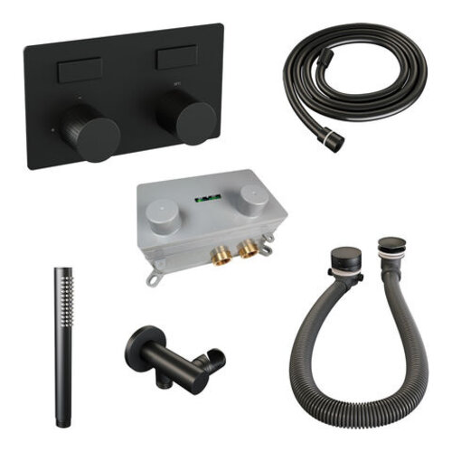 Brauer Brauer Stripe thermostatische inbouw badkraan met drukknoppen SET 03 met badvulcombinatie en staaf handdouche en doucheslang en wandaansluitbocht mat zwart | Mat zwart | Staafmodel