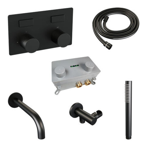 Brauer Brauer Stripe thermostatische inbouw badkraan met drukknoppen SET 03 met uitloop en staaf handdouche en doucheslang en wandaansluitbocht mat zwart | Mat zwart | Staafmodel