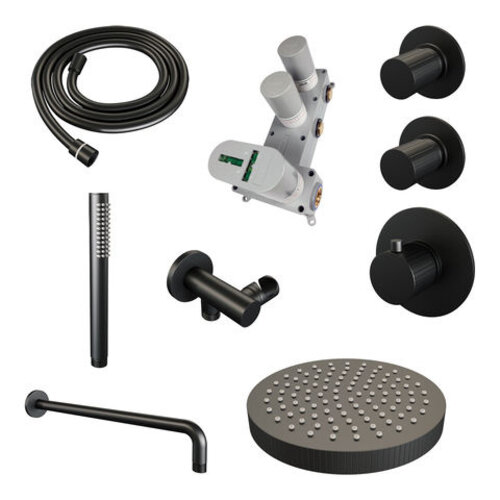 Brauer Stripe thermostatische inbouw regendouche SET 02 met 25 cm douchekop en gebogen muurarm en staaf handdouche en doucheslang en wandaansluitbocht mat zwart | Mat zwart | Nee | Gebogen wandarm | Staafhanddouche Brauer Brauer Stripe thermostatische inbouw regendouche SET 02 met 25 cm douchekop en gebogen muurarm en staaf handdouche en doucheslang en wandaansluitbocht mat zwart | Mat zwart | Nee | Gebogen wandarm | Staafhanddouche