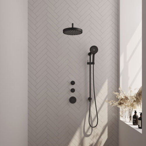 Brauer Stripe thermostatische inbouw regendouche SET 11 met 25 cm douchekop en gebogen muurarm en 3-standen handdouche en doucheslang en geïntegreerde glijstang mat zwart | Mat zwart | Ja | Gebogen wandarm | 3-standen handdouche Brauer Brauer Stripe thermostatische inbouw regendouche SET 11 met 25 cm douchekop en gebogen muurarm en 3-standen handdouche en doucheslang en geïntegreerde glijstang mat zwart | Mat zwart | Ja | Gebogen wandarm | 3-standen handdouche