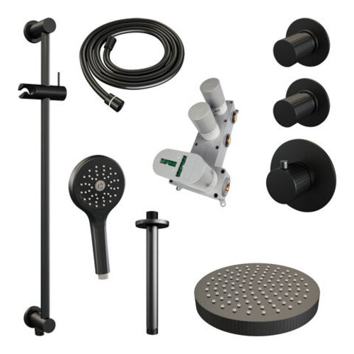 Brauer Stripe thermostatische inbouw regendouche SET 12 met 25 cm douchekop en plafondarm en 3-standen handdouche en doucheslang en geïntegreerde glijstang mat zwart | Mat zwart | Ja | Plafondbuis | 3-standen handdouche Brauer Brauer Stripe thermostatische inbouw regendouche SET 12 met 25 cm douchekop en plafondarm en 3-standen handdouche en doucheslang en geïntegreerde glijstang mat zwart | Mat zwart | Ja | Plafondbuis | 3-standen handdouche