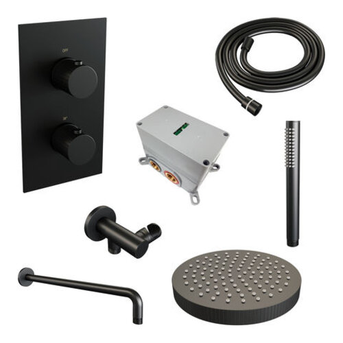 Brauer Stripe thermostatische inbouw regendouche 3-weg rechthoekig SET 14 met 25 cm douchekop en gebogen muurarm en staaf handdouche en doucheslang en wandaansluitbocht mat zwart | Mat zwart | Nee | Gebogen wandarm | Staafhanddouche Brauer Brauer Stripe thermostatische inbouw regendouche 3-weg rechthoekig SET 14 met 25 cm douchekop en gebogen muurarm en staaf handdouche en doucheslang en wandaansluitbocht mat zwart | Mat zwart | Nee | Gebogen wandarm | Staafhanddouche