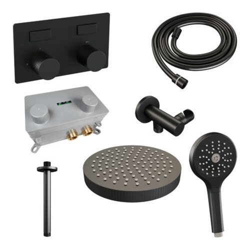 Brauer Stripe thermostatische inbouw regendouche met drukknoppen SET 30 met 25 cm douchekop en plafondarm en 3-standen handdouche en doucheslang en wandaansluitbocht mat zwart | Mat zwart | Nee | Plafondbuis | 3-standen handdouche Brauer Brauer Stripe thermostatische inbouw regendouche met drukknoppen SET 30 met 25 cm douchekop en plafondarm en 3-standen handdouche en doucheslang en wandaansluitbocht mat zwart | Mat zwart | Nee | Plafondbuis | 3-standen handdouche