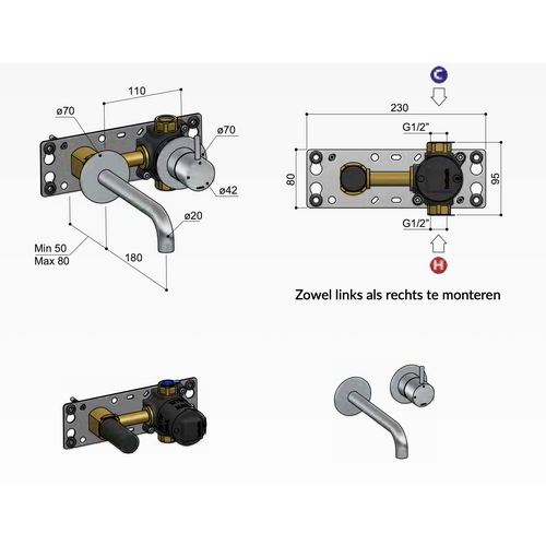 HotBath Cobber inbouw Wastafelkraan | Verouderd messing | 18cm HotBath HotBath Cobber inbouw Wastafelkraan | Verouderd messing | 18cm