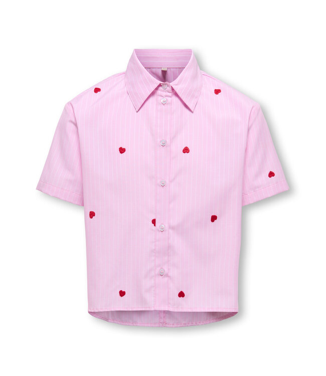 KOGNEW LINA SS STRIPE EMB SHIRT WVN Begonia Pink Cloud Dancer/EMB Red Hearts by Kids Only