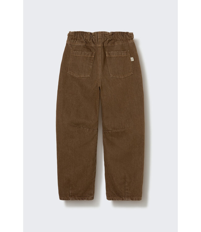 washed color denim paperbag pants brown-washed color denim by Cozmo