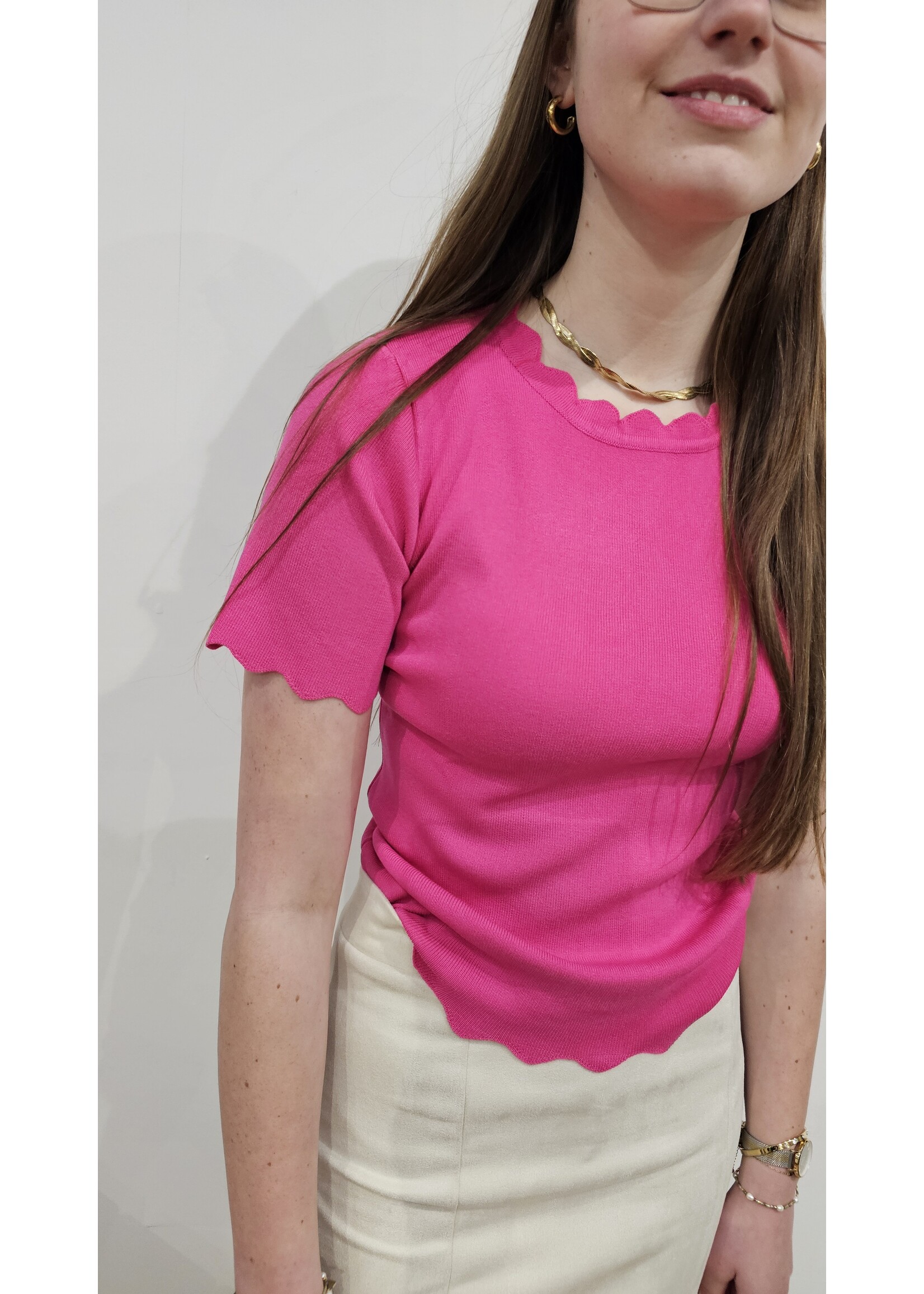 by Clara Knitwear top met schulprand Fuchsia roze